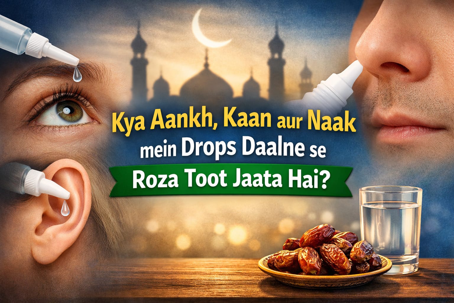 آنکھ، کان اور ناک میں ڈراپس ڈالنے سے روزہ ٹوٹنے سے متعلق اسلامی سوال کی تصویر “Kya Aankh, Kaan aur Naak mein Drops Daalne se Roza Toot Jaata Hai?”