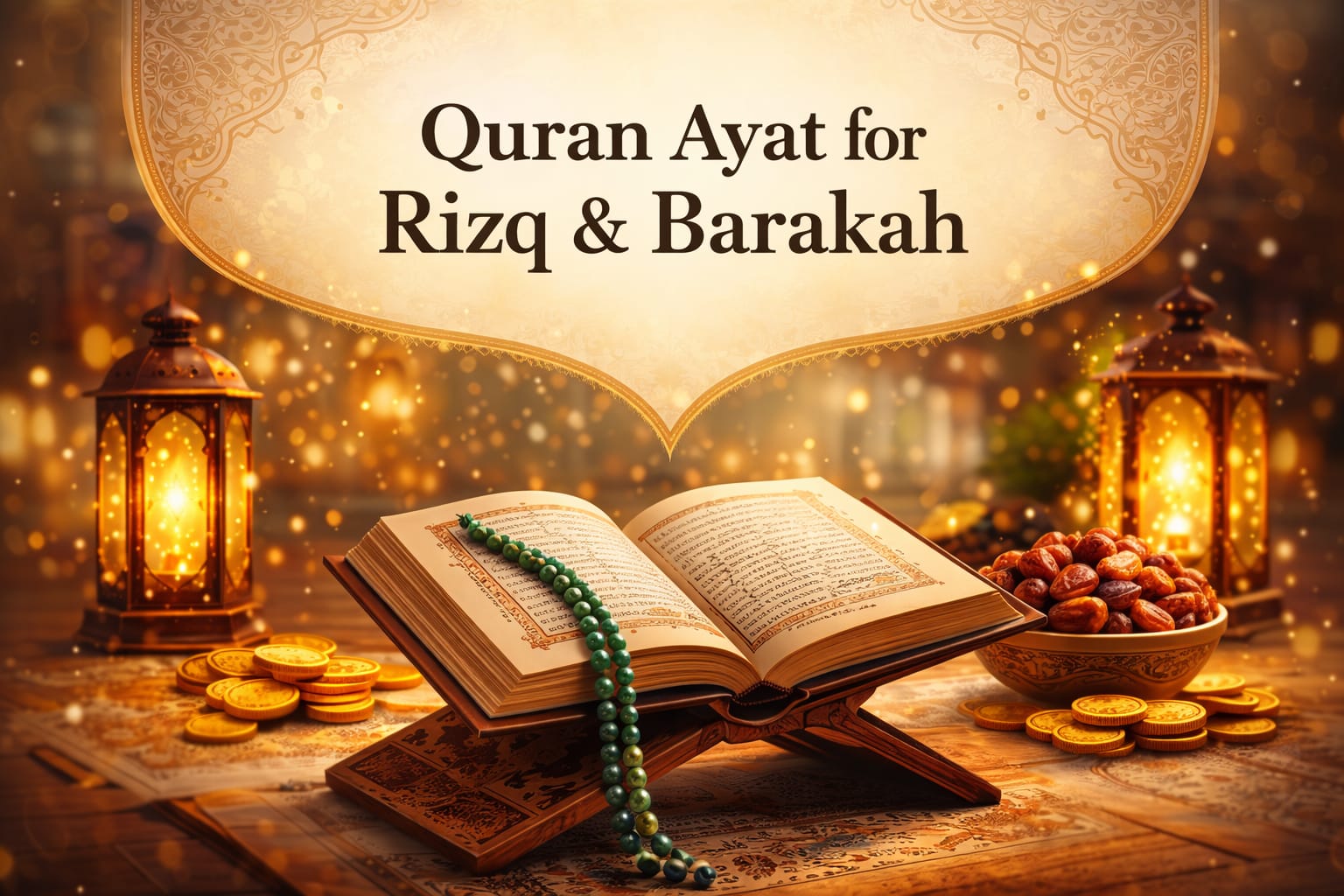 قرآن پاک کی رحل، سورہ واقعہ اور رزق میں برکت کی آیات کا ایک خوبصورت منظر۔ Quran on a wooden stand with glowing Arabic text of Surah Waqiah and Rizq verses in a peaceful Islamic background.