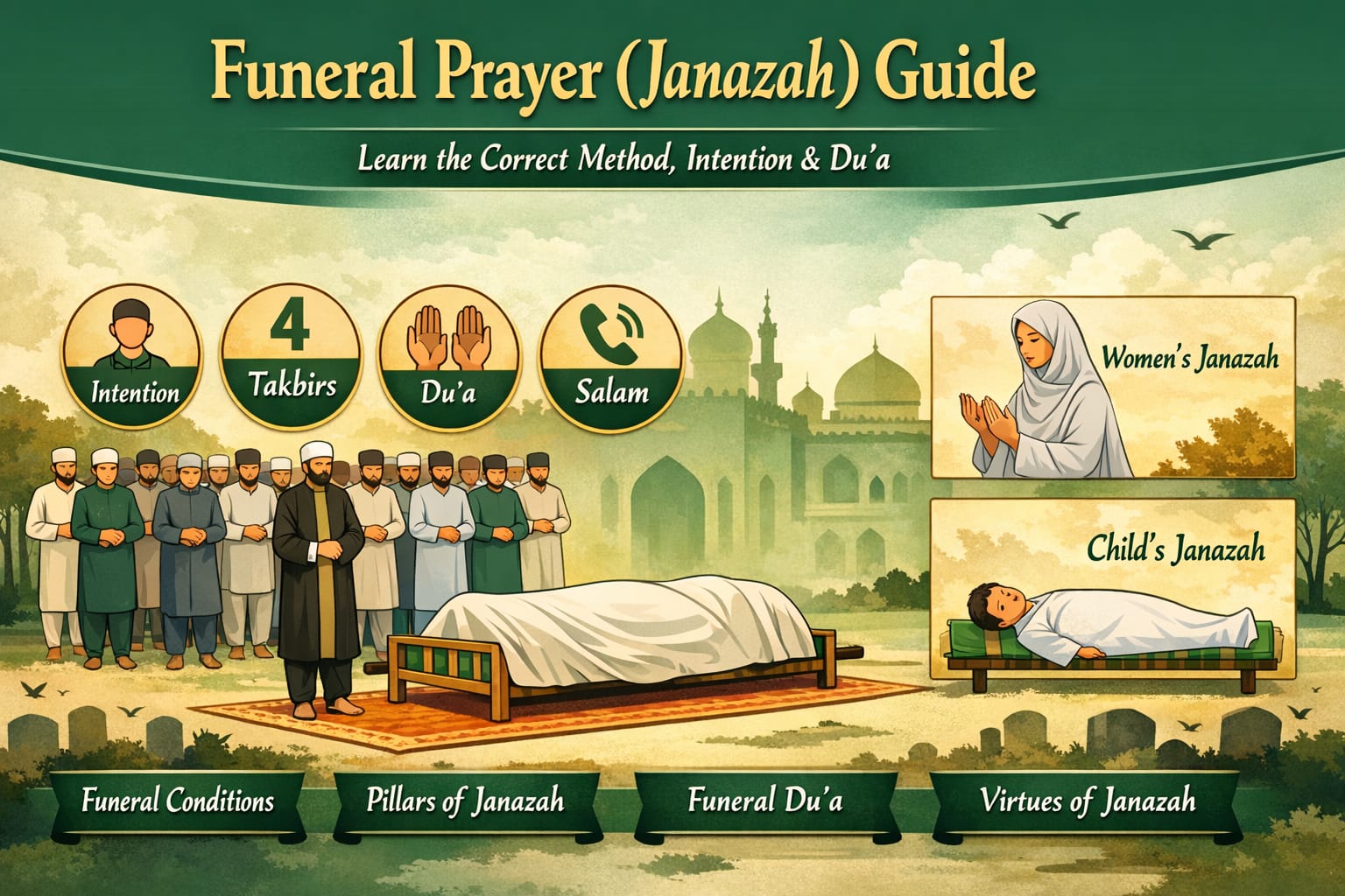 نماز جنازہ پڑھنے کا طریقہ، نیت، دعا اور چار تکبیروں کے ساتھ نماز جنازہ کی وضاحتی تصویر